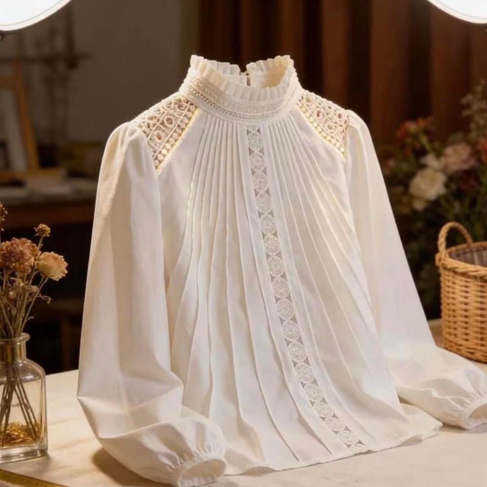White Lace Pleated Blouse Long Sleeve Stand Collar Top XXL SY-174-WDW-D-2XXL